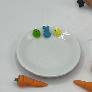 May include: A white ceramic plate with three colorful candies: a green leaf, a blue bunny, and a yellow chick. Several orange carrot-shaped candies are scattered around the plate, suggesting an Easter theme.