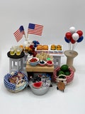 Miniature 4th of July picnic~Mini summer feast~Mini burgers~Mini hot dogs~Mini watermelon~Mini chips~Mini beverages~Mini chips