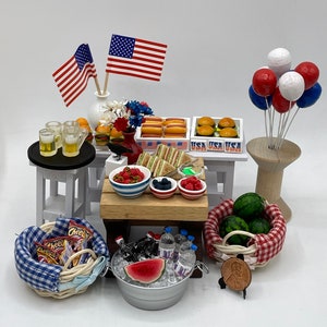 Miniature 4th of July picnic~Mini summer feast~Mini burgers~Mini hot dogs~Mini watermelon~Mini chips~Mini beverages~Mini chips