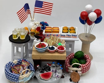 Miniature 4th of July picnic~Mini summer feast~Mini burgers~Mini hot dogs~Mini watermelon~Mini chips~Mini beverages~Mini chips