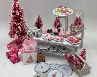 Miniature Pink Christmas~Mini pink cakes, cookies, candies, tea set, plates and platters.