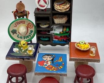 Miniature Cantina Tables~Painted Mexican Talavara tiles on barrels~5 new tiles and cantina decor