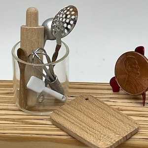 Miniature Kitchen Utensils in Glass Jar with Wooden Cutting Board~Mini kitchen necessities~Mini kitchen tools