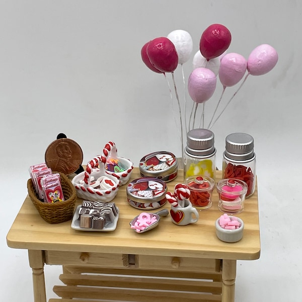 Miniature Valentine Sweets~Mini candies and cookies~Mini fudge~Mini lollipops~Mini ceramic baskets~Mini Sweethearts~Scoop of hugs & kisses