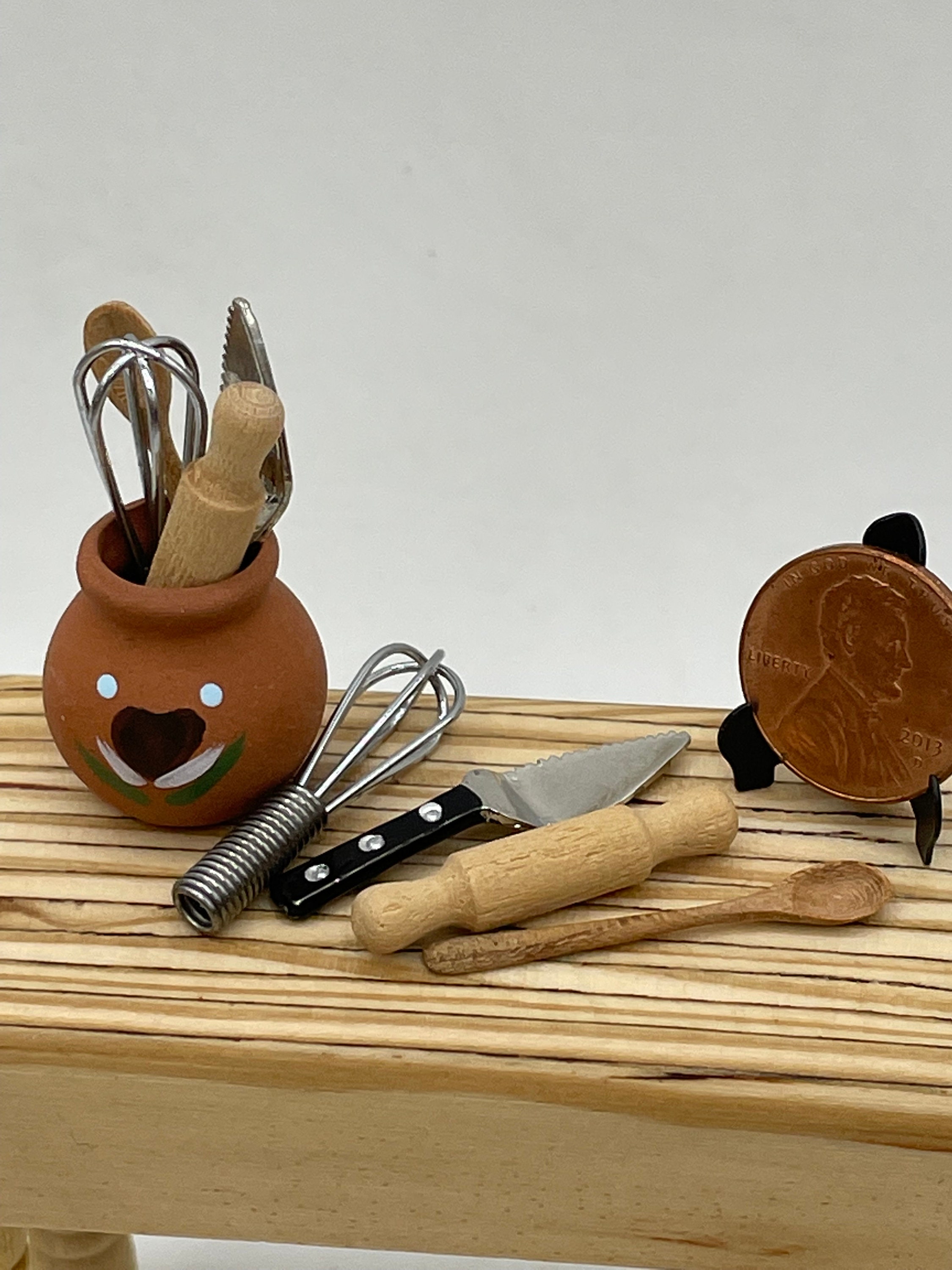 Miniature Kitchen Utensils in Clay Pot~mini Rolling Pin, Whisk, Slice ...