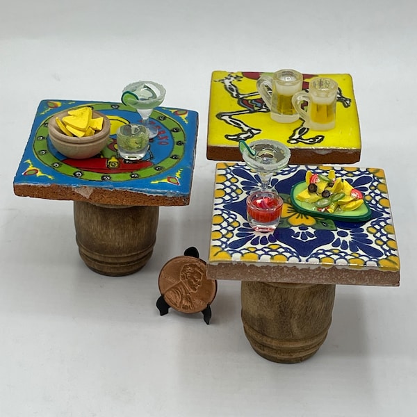 Miniature cantina tables and snacks~Painted Mexican Talavera tile and barrel tables~Mini cantina snacks~Mini stools