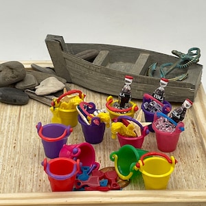 Miniature beach buckets~Mini pail and spade~Mini beach play filled bucket~Mini iced cola bucket
