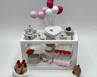 Utensilios de cocina en miniatura para San Valentín ~ Platos en miniatura para San Valentín ~ Bandejas en miniatura ~ Tetera en miniatura ~ Bandeja en miniatura con forma de corazón