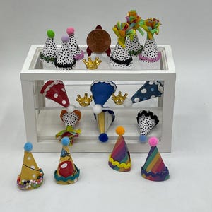 Miniature Happy Birthday Shop~Mini party hats~Party hats both plain and embellished~Mini gold crowns