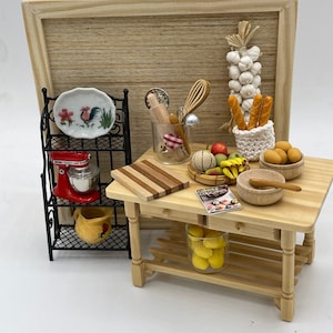 Miniature Kitchen Island~Miniature kitchen utensils~Miniature fruit tray~Miniature wooden cutting board~Miniature wooden bowl and spoon