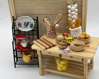 Miniature Kitchen Island~Miniature kitchen utensils~Miniature fruit tray~Miniature wooden cutting board~Miniature wooden bowl and spoon