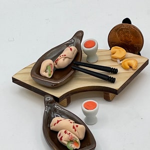 Miniature vege and shrimp egg rolls~Mini egg rolls~Mini sweet chili sauce~Mini chopsticks~Mini fortune cookies