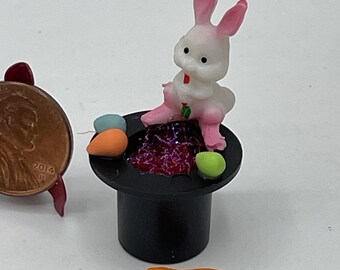 Miniature Magic Easter Bunny on Top Hat Basket