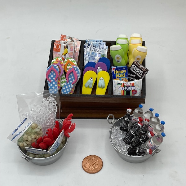 Miniature Beach Shop #1~Mini must haves for the beach~Mini flip flops~Mini magazines~Mini lotion~Mini iced drinks~Mini s'mores~Mini seafood