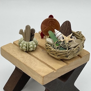 Miniature beach decor~Mini driftwood bouquet in sea urchins~Mini tray of beach treasures
