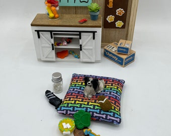 Cama para perros en miniatura ~ Colección para perros en miniatura Muddy Paws ~ Juguetes para perros en miniatura ~ Cuenco para perros en miniatura ~ Pantuflas en miniatura ~ Juguete masticable en forma de zapato en miniatura ~ Golosinas para perros en miniatura