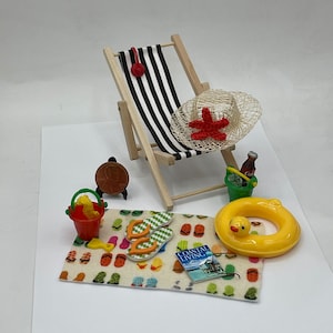 Miniature Beach Kit~Mini towel~Mini iced cola in bucket~Mini seahorse in bucket w/spade~Mini beach must haves