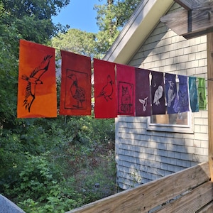 May include: A series of rectangular fabric flags hanging on a line, arranged in a spectrum of colors from orange to green. Each flag features a black ink block print of a different bird, including an eagle, goose, owl, and hummingbird.