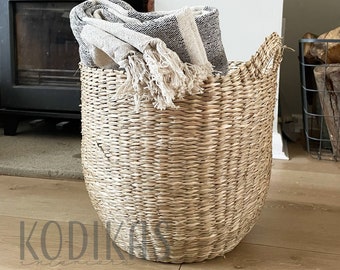 Woven Seagrass Storage Basket with Handles | home decor | Plant basket | throw blanket basket | rustic