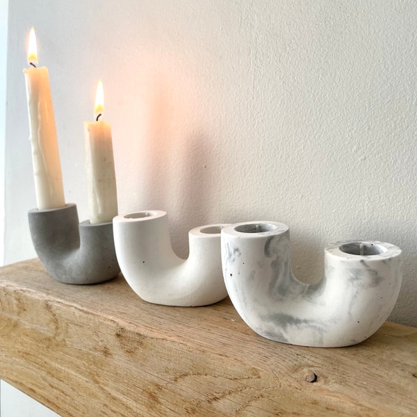 Concrete Double U Shaped Candlestick Holder | taper candle holder dinner candles | white grey marble | gift him her housewarming minimalist