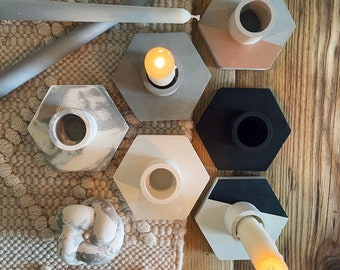 Concrete Candlestick Holder | Hexagon | Dinner Candle | Gift Present | Mum Friend | Grey Gold Rose Copper monochrome Dalmatian white marble