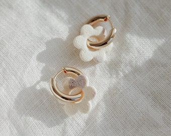 DAISY HOOPS | Polymer clay hoop earrings with patterned flower pendants
