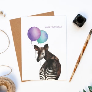 Okapi Aquarell Geburtstagskarte • Okapi mit 2 Luftballons