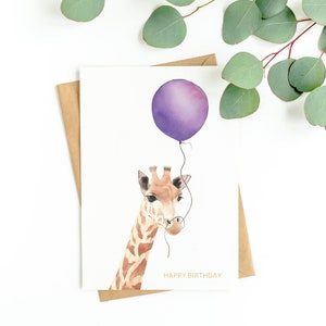 Biglietto d'auguri acquerello giraffa • Giraffa con grande palloncino viola