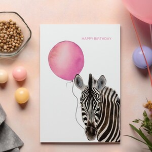 Carte d'anniversaire aquarelle Zèbre • Zèbre avec un ballon d'anniversaire rose