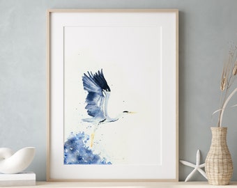 Impression d'art aquarelle de héron • Illustration de héron aquarelle • Oiseaux britanniques • Impression d'oiseau d'eau • Peinture d'oiseau