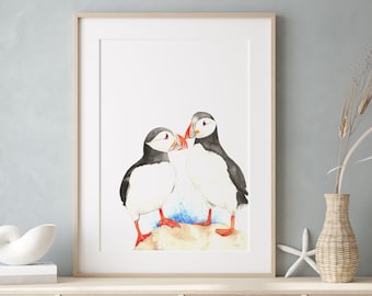 Puffins Watercolour Art Print • Watercolour Puffin Illustration •  British Birds • Water Bird Print • Bird Painting