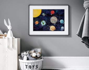 Solar System Wall Art for Kids | Watercolour Planets Printable | Educational Space Nursery Decor | A4 Digital Download