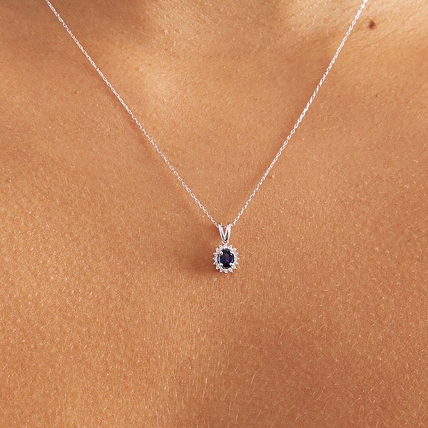 14k Gold Diamond Sapphire Necklace | Diamond Blue Sapphire Pendant | 14k Solid Gold Gemstone Necklace | 14k Gemstone Jewelry for Women