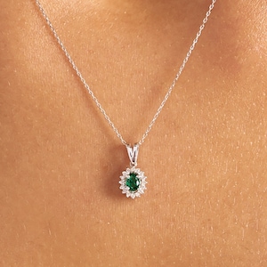 GELIN 14k Diamond Emerald Necklace | Genuine .04ct Diamond Emerald Pendant | 14k Solid Yellow, White or Rose Gold Fine Jewelry for Women