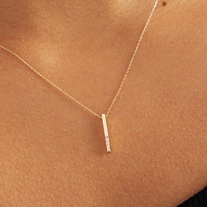 14k Gold Diamond Vertical Bar Necklace Real Diamond Bar Pendant in 14k Gold 14k Solid Gold Rectangular Shaped Bar Necklaces for Women image 1