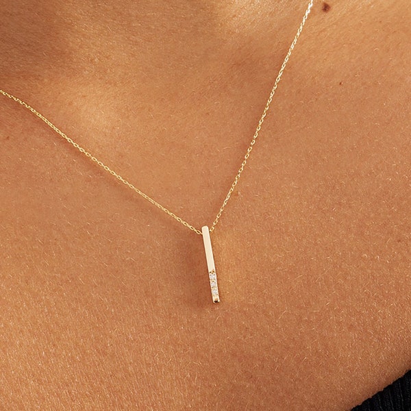 14k Gold Diamond Vertical Bar Necklace | Real Diamond Bar Pendant in 14k Gold | 14k Solid Gold Rectangular Shaped Bar Necklaces for Women