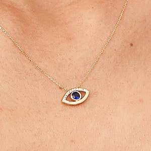 14k Diamond Evil Eye Necklace Sapphire Necklace for Women Mother's Day Gift Evil Eye Pendant Diamond Necklace Hamsa Necklace image 2