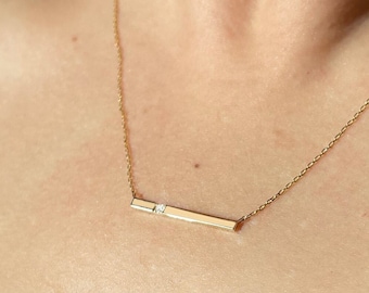 Diamond Bar Necklace in 14k Solid Gold | 14k Gold Bar Pendant Necklace | 14k Gold Dainty Bar Necklace | Diamond Bar Necklace | Gift for Her
