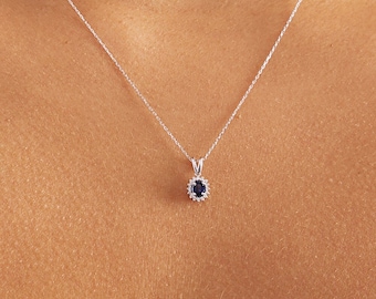 14k Gold Diamond Sapphire Necklace | Diamond Blue Sapphire Pendant | 14k Solid Gold Gemstone Necklace | 14k Gemstone Jewelry for Women