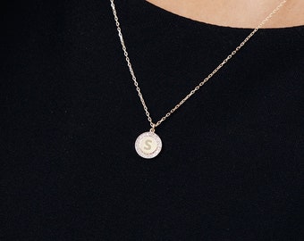 14K Solid Gold Diamond Engravable Disc Necklace | 14K Real Gold Custom Jewelry for Women | Gold Coin Pendant | Gift for Her