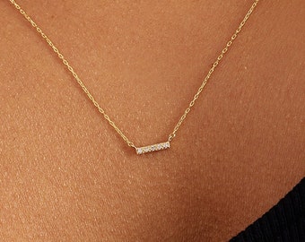 Diamond Bar Necklace in 14K Solid Gold | Diamond Bezel-Set Bar Necklace | Diamond Necklaces for Women | 14k Yellow, Rose or White Gold