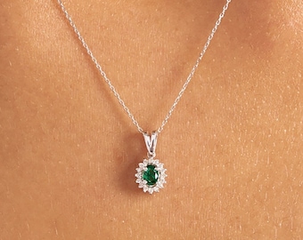 GELIN 14k Diamond Emerald Necklace | Genuine .04ct Diamond Emerald Pendant | 14k Solid Yellow, White or Rose Gold Fine Jewelry for Women