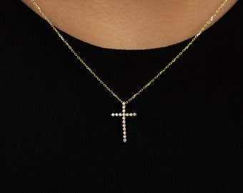 Diamanten kruishangerketting in 14k echt goud | Diamanten kruisketting voor dames | Sierlijke 14k gouden religieuze sieraden | Cadeau voor vrouwen