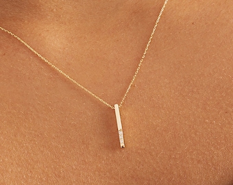 14k gouden diamanten verticale staafketting | Echte diamanten staafhanger in 14k goud | 14k massief gouden rechthoekige staafkettingen voor dames