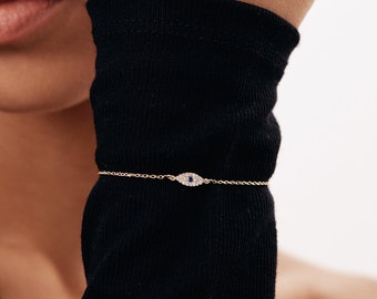 14K Solid Gold Diamond Pave Evil Eye Bracelet for Women | Dainty Protection Bracelet | 14K Real Gold Evil Eye Jewelry | Gift for Her