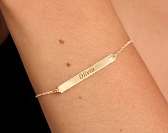 14K Solid Gold Custom Engraved Bar Bracelet | Personalized Diamond Bracelet for Women | 14K Real Gold Custom Jewelry | Personalized Gifts