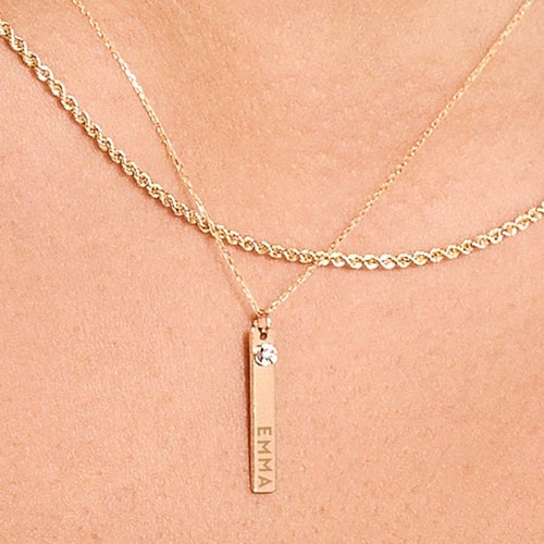 Diamond Bar Necklace for Women 14k Solid Gold Vertical Etsy