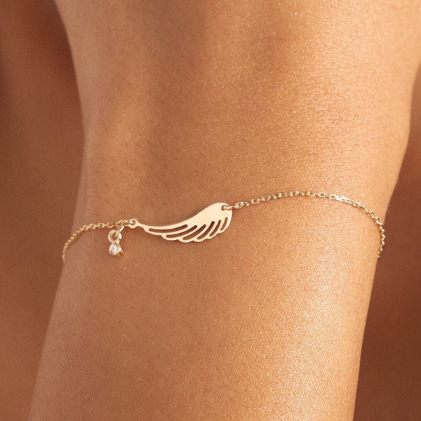 14k Gold Engelsflügel Armband | 14k Schutzengel-Armband mit Diamant | 14-karätige Goldarmbänder für Damen | Zierliches Diamantarmband für Damen