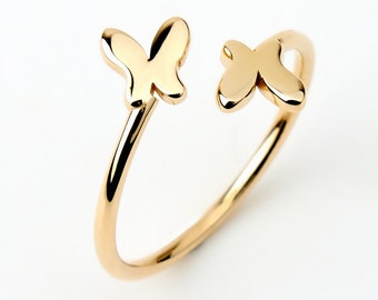 Double Butterfly Ring in 14K Solid Gold | 14k Gold Two Butterfly Open Ring | Stacking Rings for Women | Adjustable Ring | Best Friend Gift