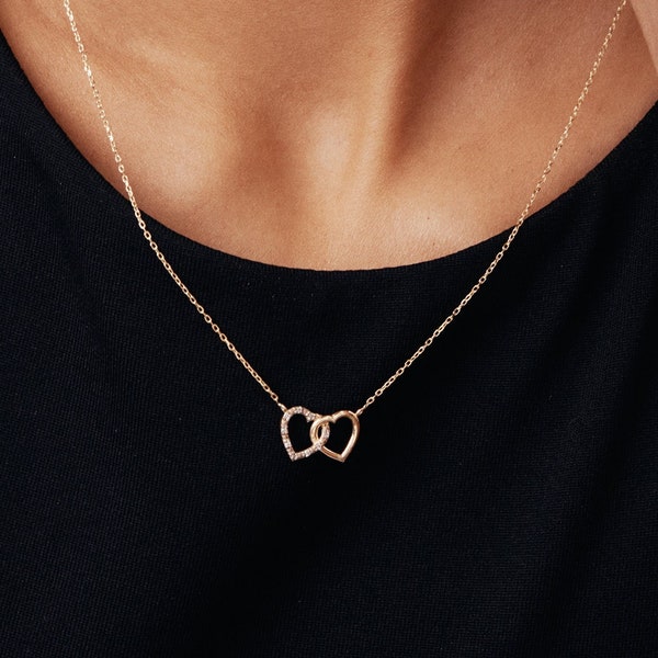 14K Solid Gold Diamond Double Hearts Necklace | 14K Real Gold Interlocking Hearts Necklace | Dainty Jewelry for Women | Gift for Her